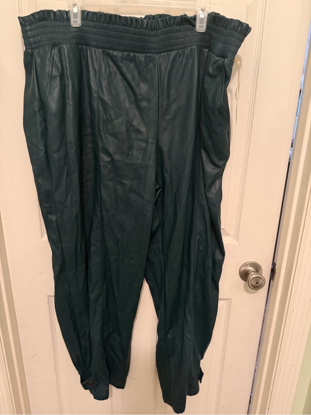 Women's Dark Green Cropped Faux-Leather Harem Pants